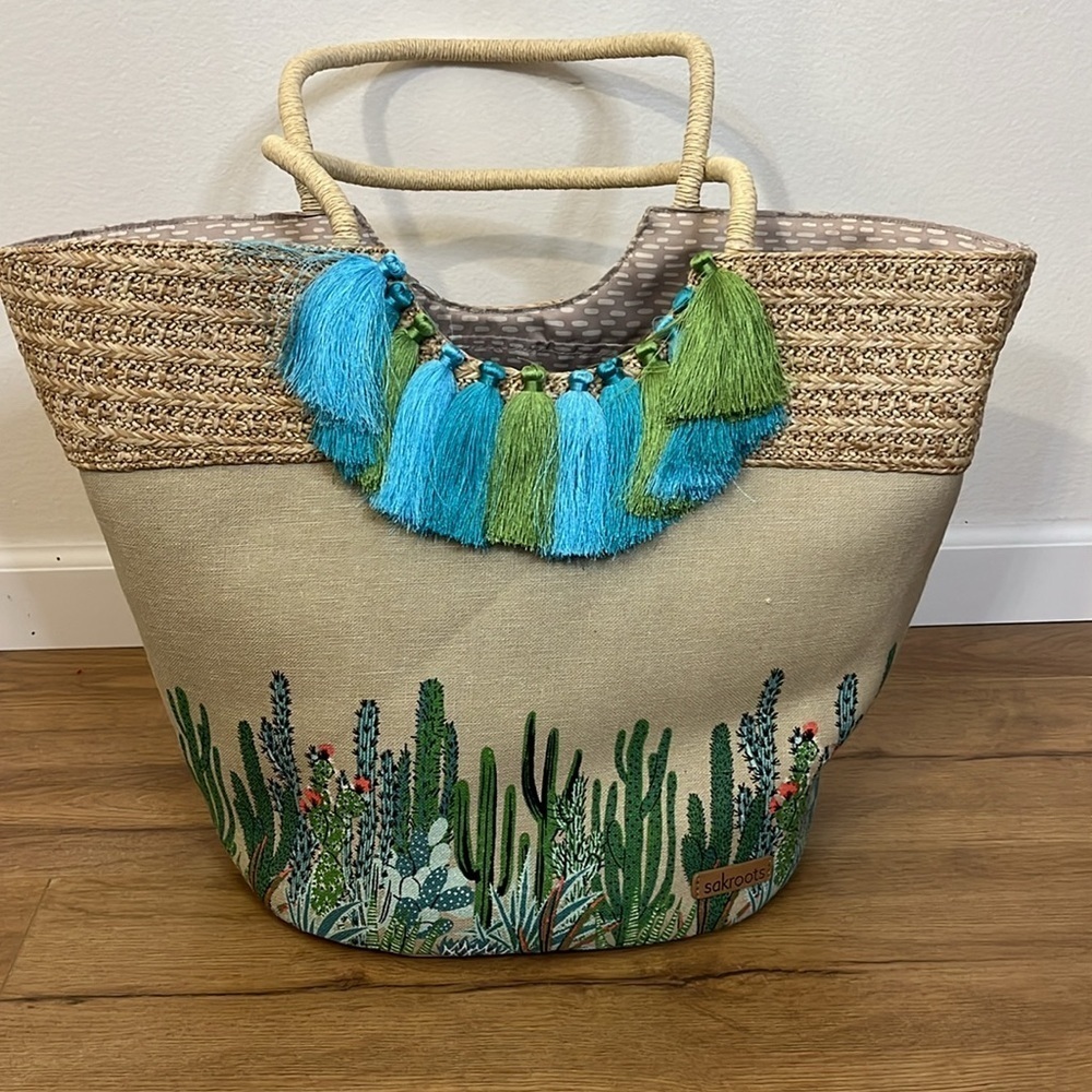 Sakroots Artist Circle Lola Beach Bag Natural Mojave Mirage Straw Tassels cactus - Picture 12 of 12